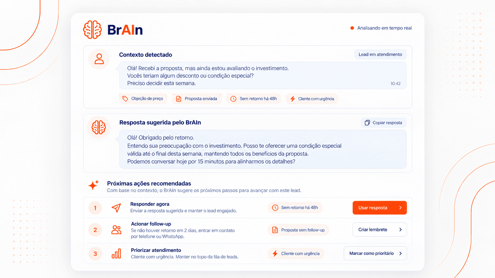 BrAIn sugerindo resposta e próximas ações recomendadas para um lead