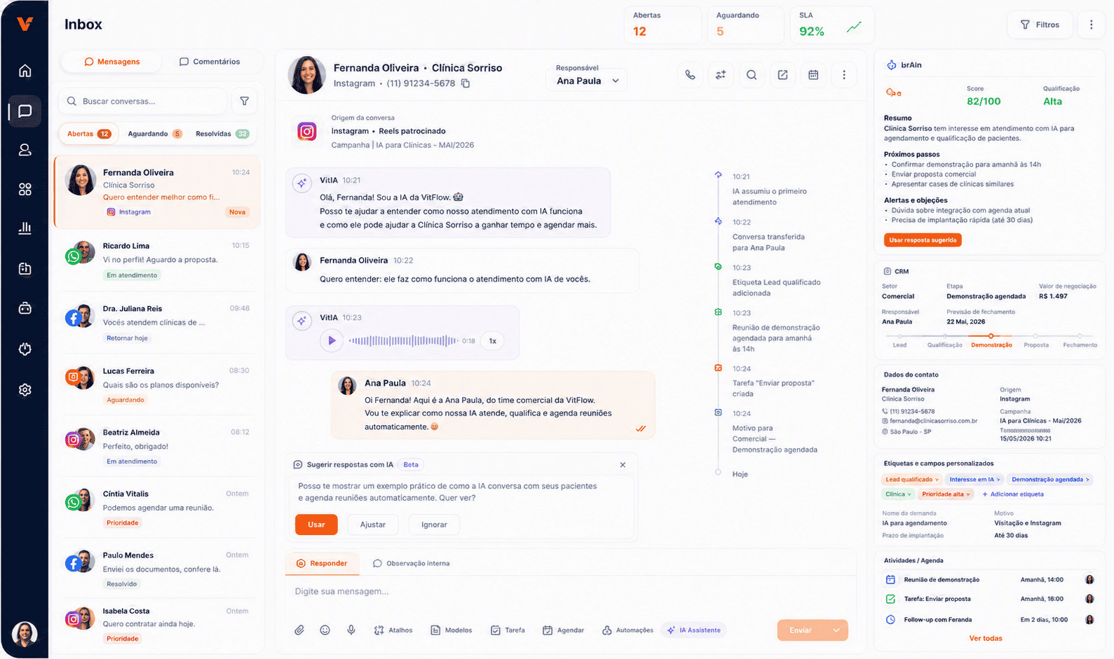 Inbox do VitFlow com conversas, histórico e dados do contato na mesma tela