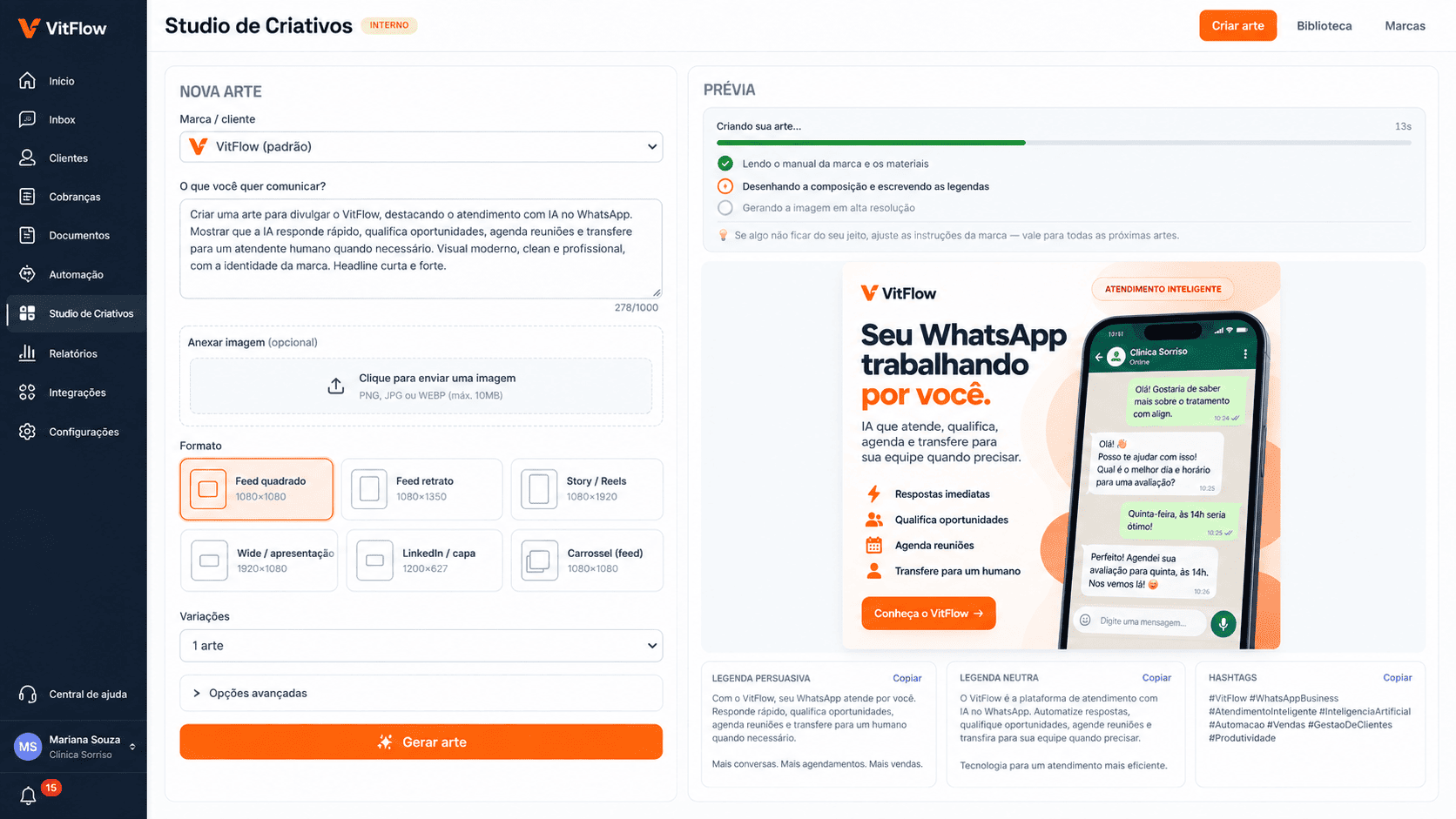 Studio de Criativos do VitFlow gerando uma peça a partir de uma descrição